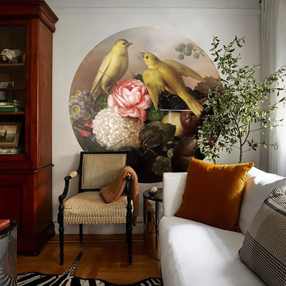 Наклейка на стіну Alwayspon Pink Flowers and Yellow Bird Round 30x30 дюймів, фото №1