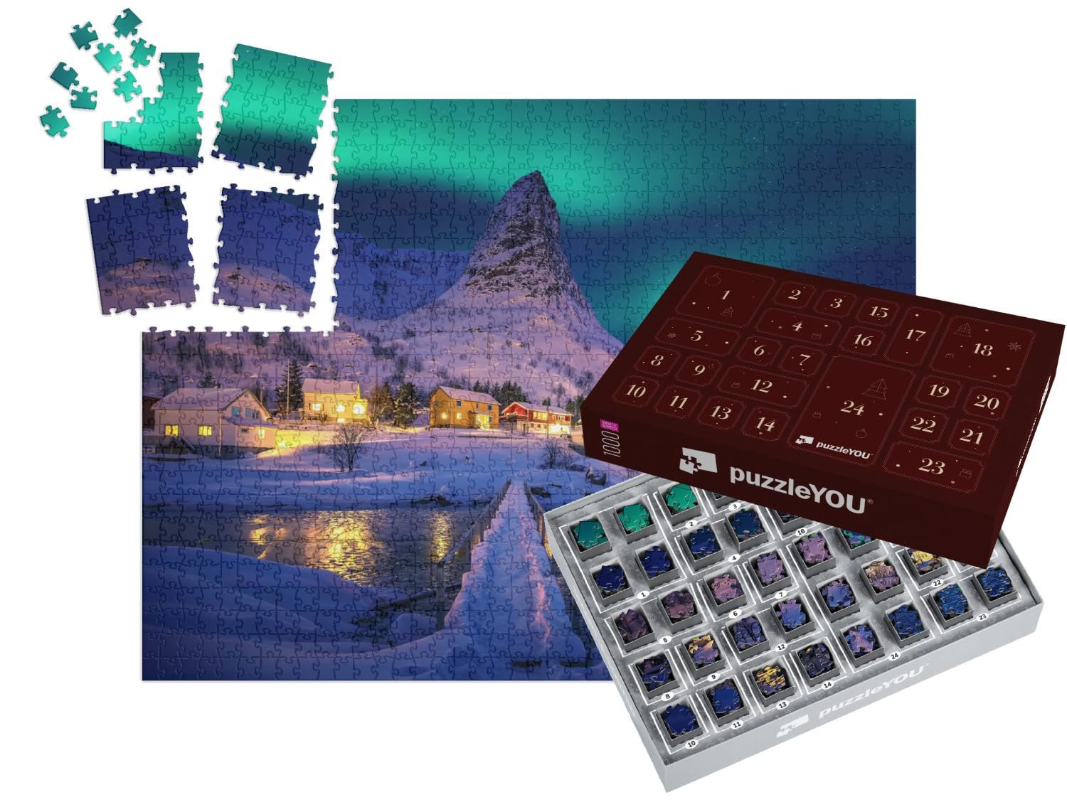 Пазл puzzleYOU Puzzle Advent Calendar "Северное сияние в зимнем пейзаже Лофотенских островов, Норвегия" 1000 элементов, фото №1