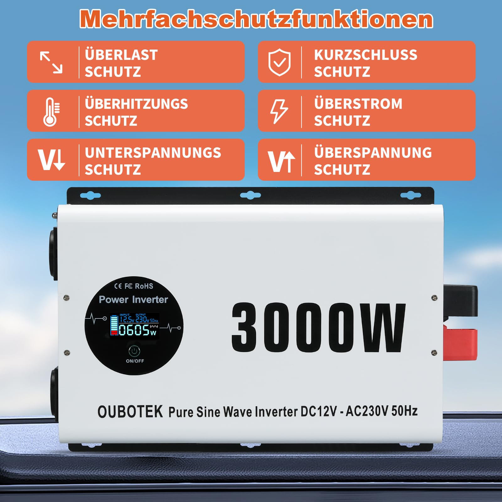 Перетворювач OUBOTEK 3000W/6000W Чистий синус DC 12V до AC 230V з бездротовим пультом дистанційного керування LCD дисплей 2 AC розетки 2 USB-A та 1 Type-C, фото №3