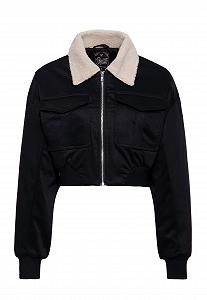 Бомбер Queen Kerosin Укороченная куртка Мотоциклетная куртка Teddy Collar Retro Vintage Однотонная черная - Фото 1
