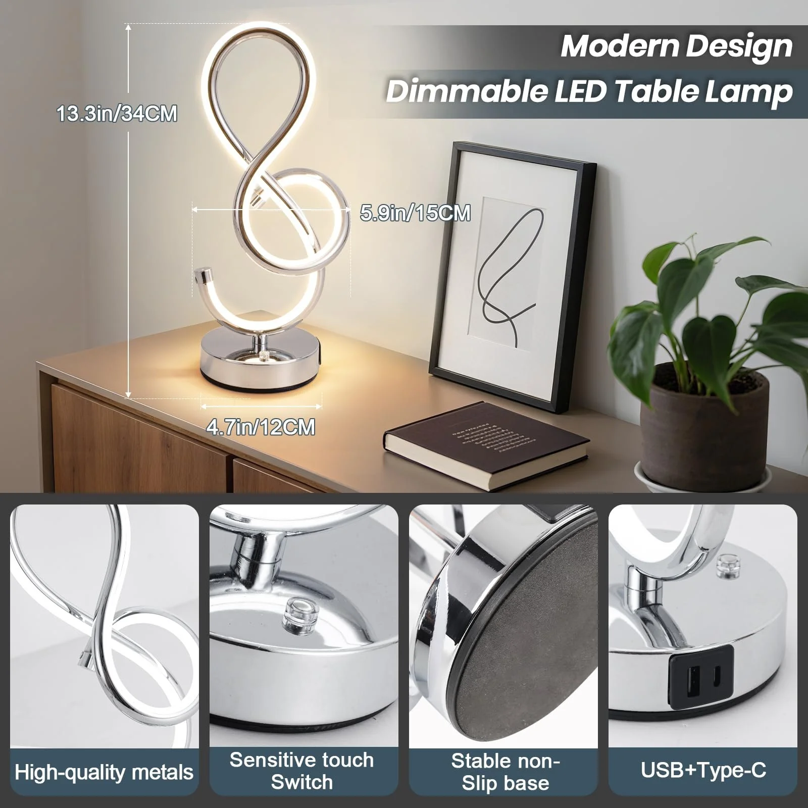Настільна лампа LED спіральна сенсорна з регулюванням яскравості USB Type-C срібляста, фото №4