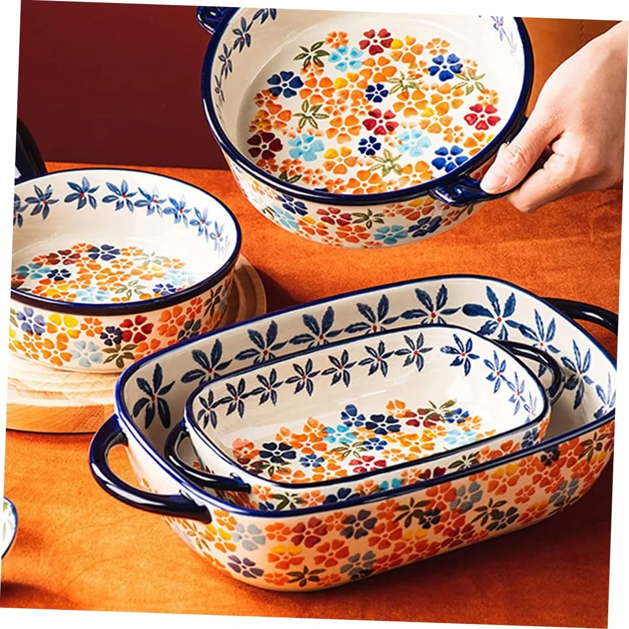 Тарелка для запекания керамическая с двумя ручками компактная универсальная для духовки и микроволновой печи, фото №3