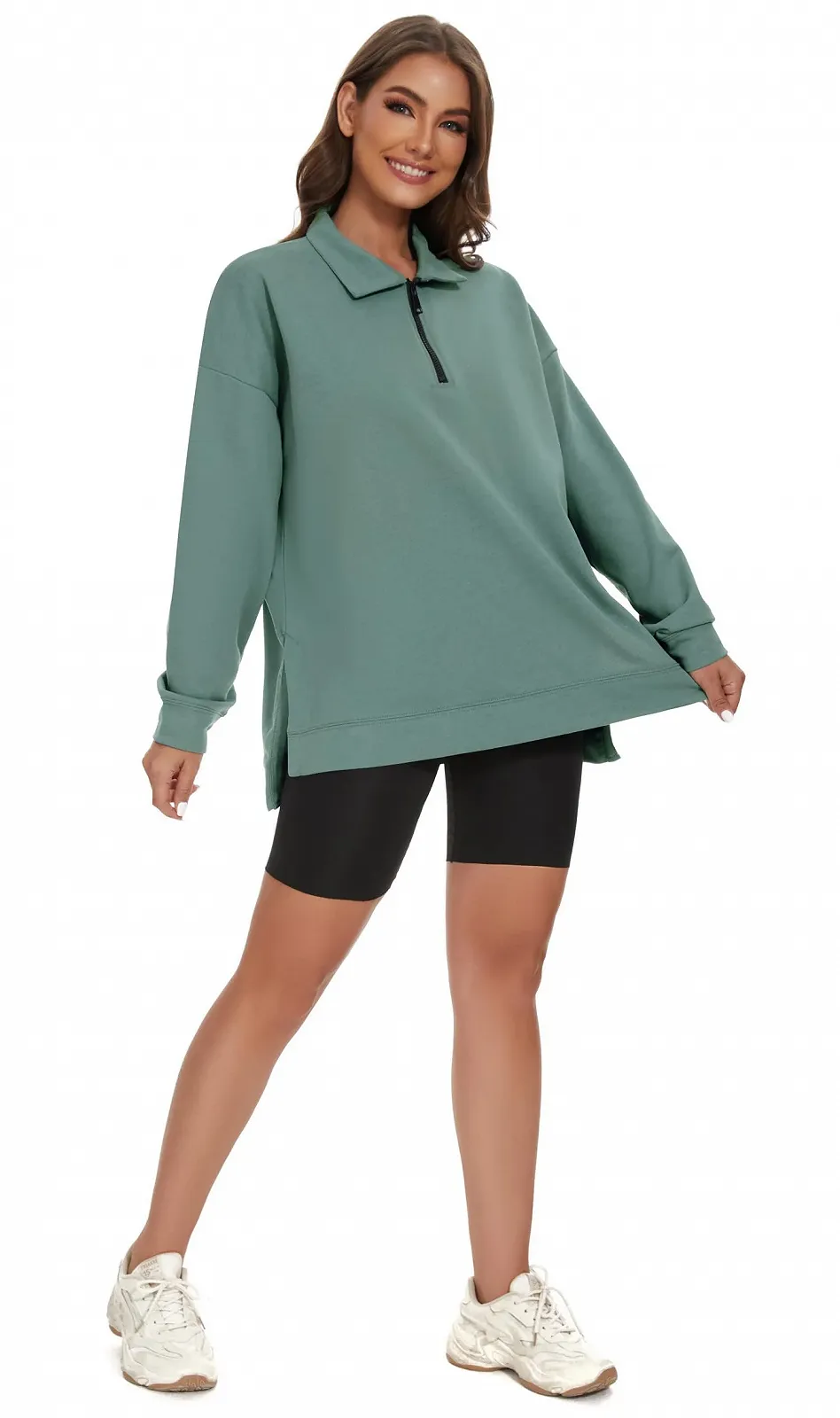 Женская толстовка APEIYU с длинными рукавами, свободный свитшот на молнии с лацканами, повседневный пуловер, фото №5