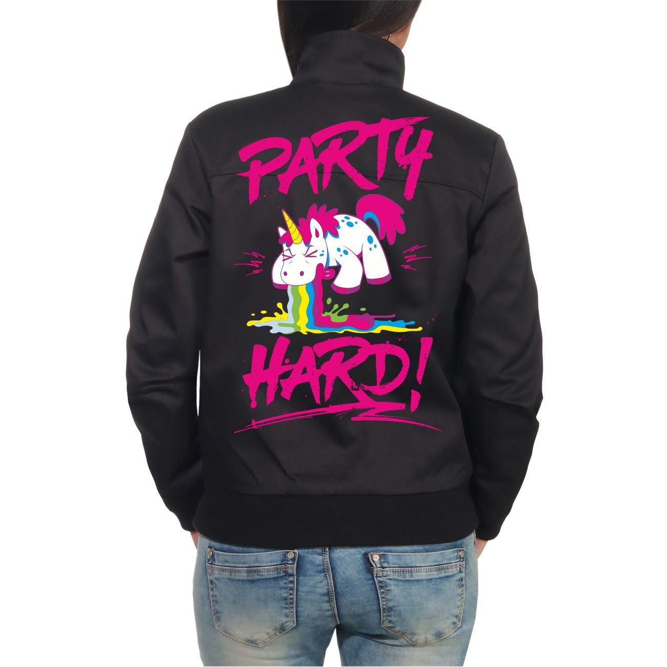 Куртка-харрінгтон жіноча Spaß Kostet Party Hard Metal Fun Unicorn Pink Crass Funny Cute (з принтом на спині), фото №1