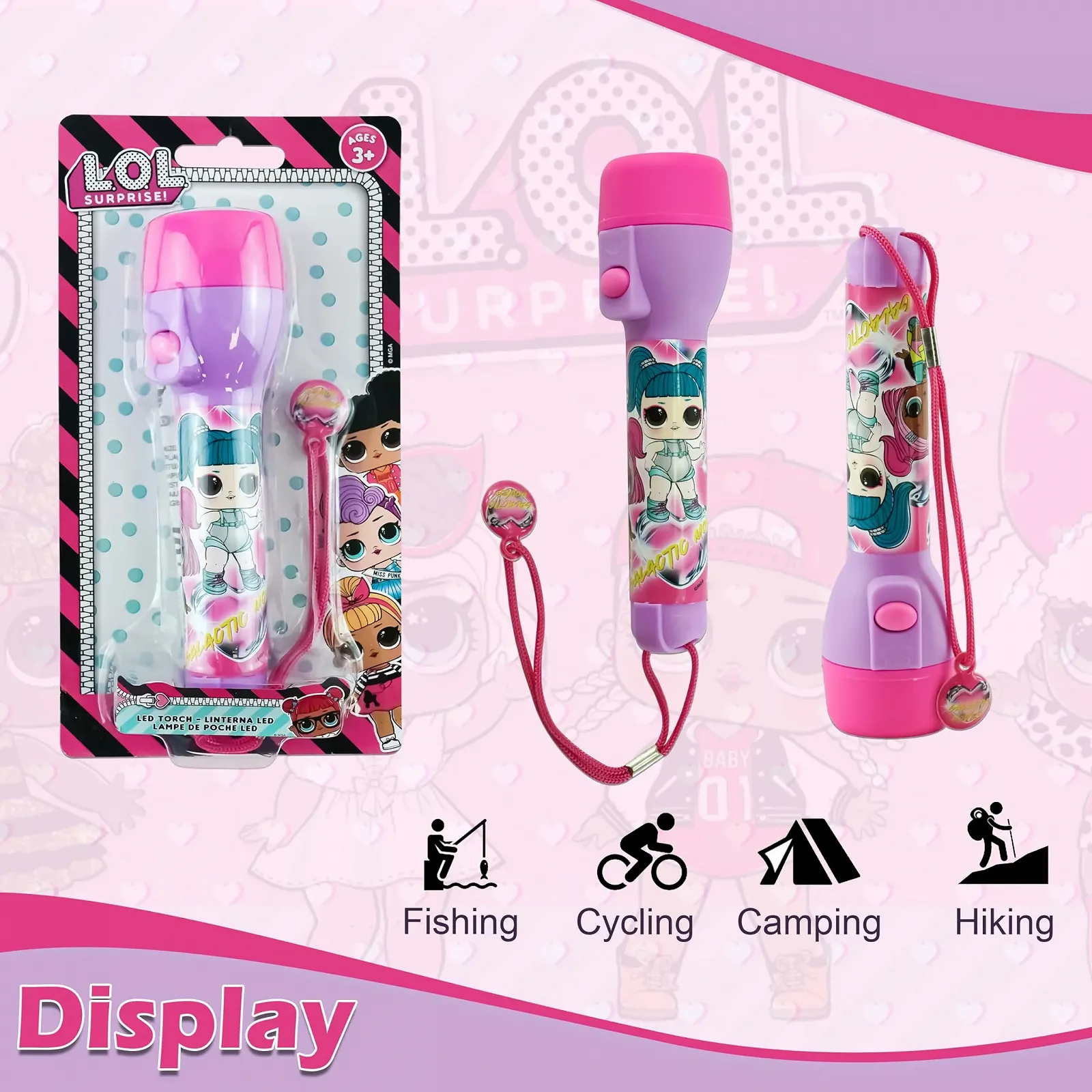Світлодіодний ліхтарик LOL Surprise 21 см, регульований ремінець безпеки, аварійний на батарейках, пластик, для кемпінгу, походів, для дітей від 3 років, фото №7
