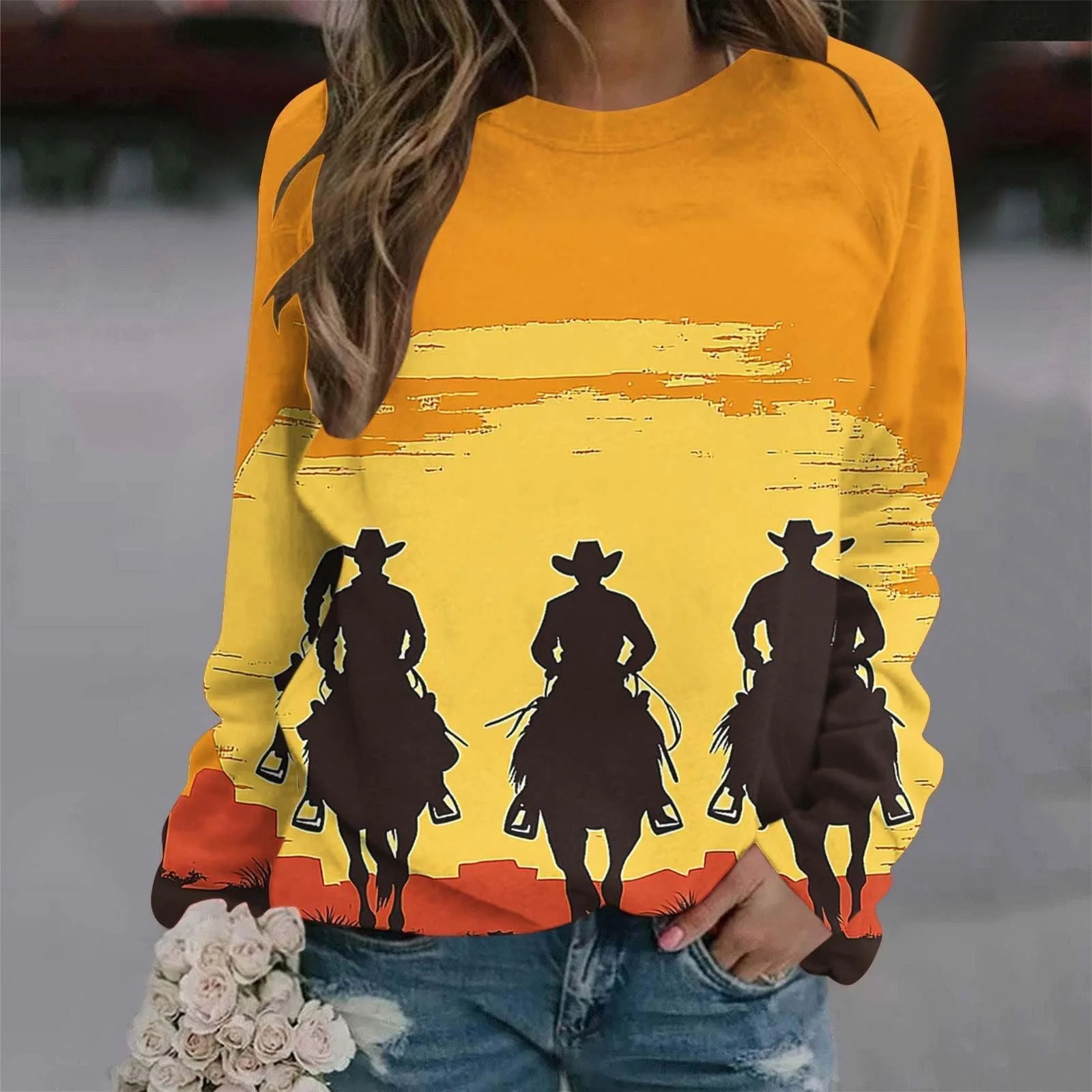 Лонгслив Komiseup Basic Круглый вырез Свободный Свитшот без капюшона Western Cowboy Принт Свитшот Праздничная Спортивная рубашка Модный топ с принтом лошади для девочек-подростков Streetwear 04, фото №6