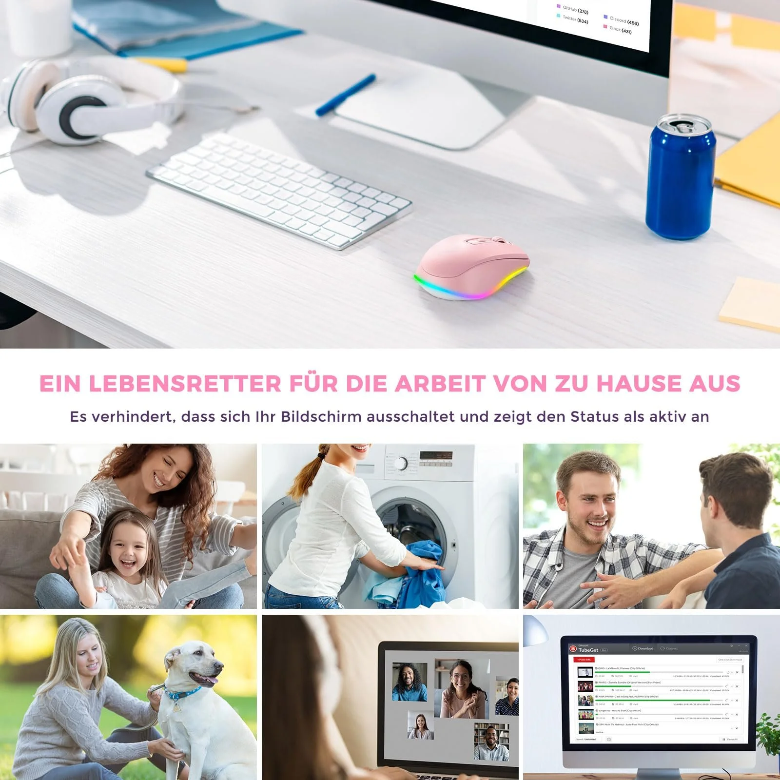 Мышь Seenda Беспроводная LED, Перезаряжаемая с Jiggler, Тихая 2.4G USB, DPI 2000, Розовая, фото №7