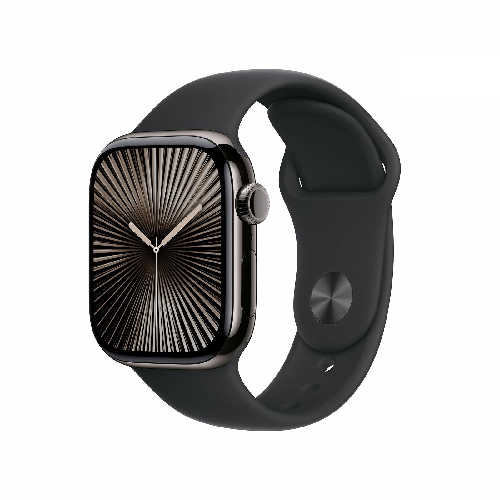 Смарт-годинник Apple Series 10 (GPS + Cellular, 42 мм) Титановий корпус Сірий та Чорний спортивний ремінець (M/L), фото №1