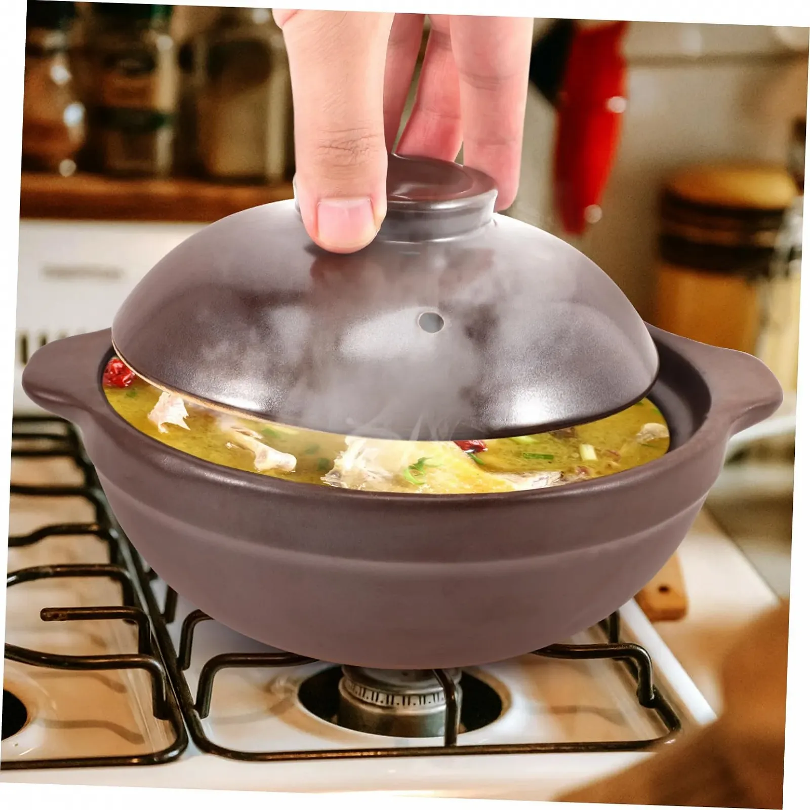 Глиняный горшок с крышкой антипригарный коричневый, фото №8