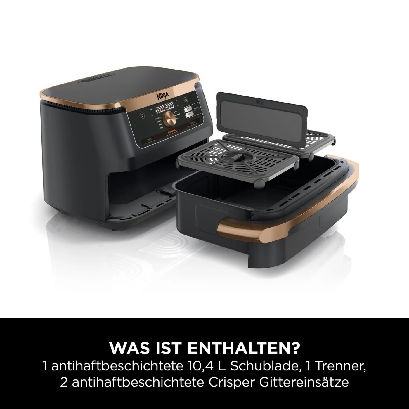 Мультипіч Ninja Foodi FlexDrawer AF500EUCP Dual Zone 10.4 л 7-в-1 Чорна та мідна, фото №2 Мультипіч Ninja Foodi FlexDrawer AF500EUCP Dual Zone 10.4 л 7-в-1 Чорна та мідна, фото №2