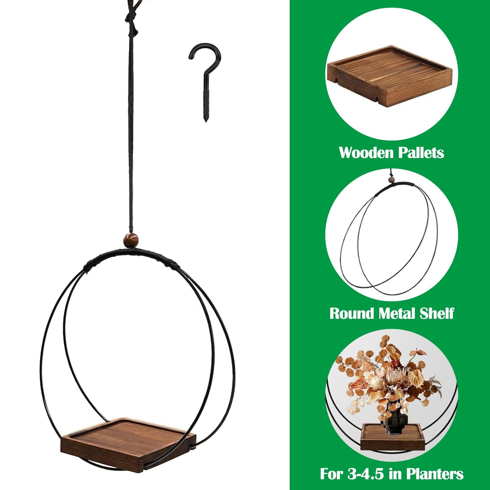 Підвісна корзина для рослин з дерев'яною основою 5 дюймів металева 2 шт., фото №3