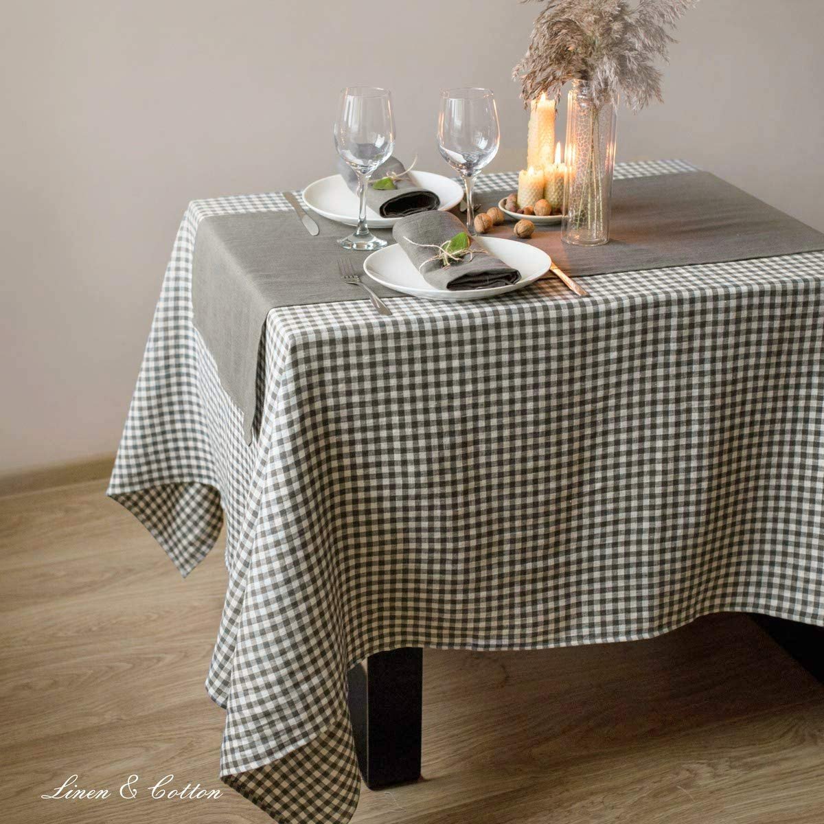 Скатертина Linen & Cotton Estella у клітинку 100% льон 80 x 80 см біло-сіра, фото №4