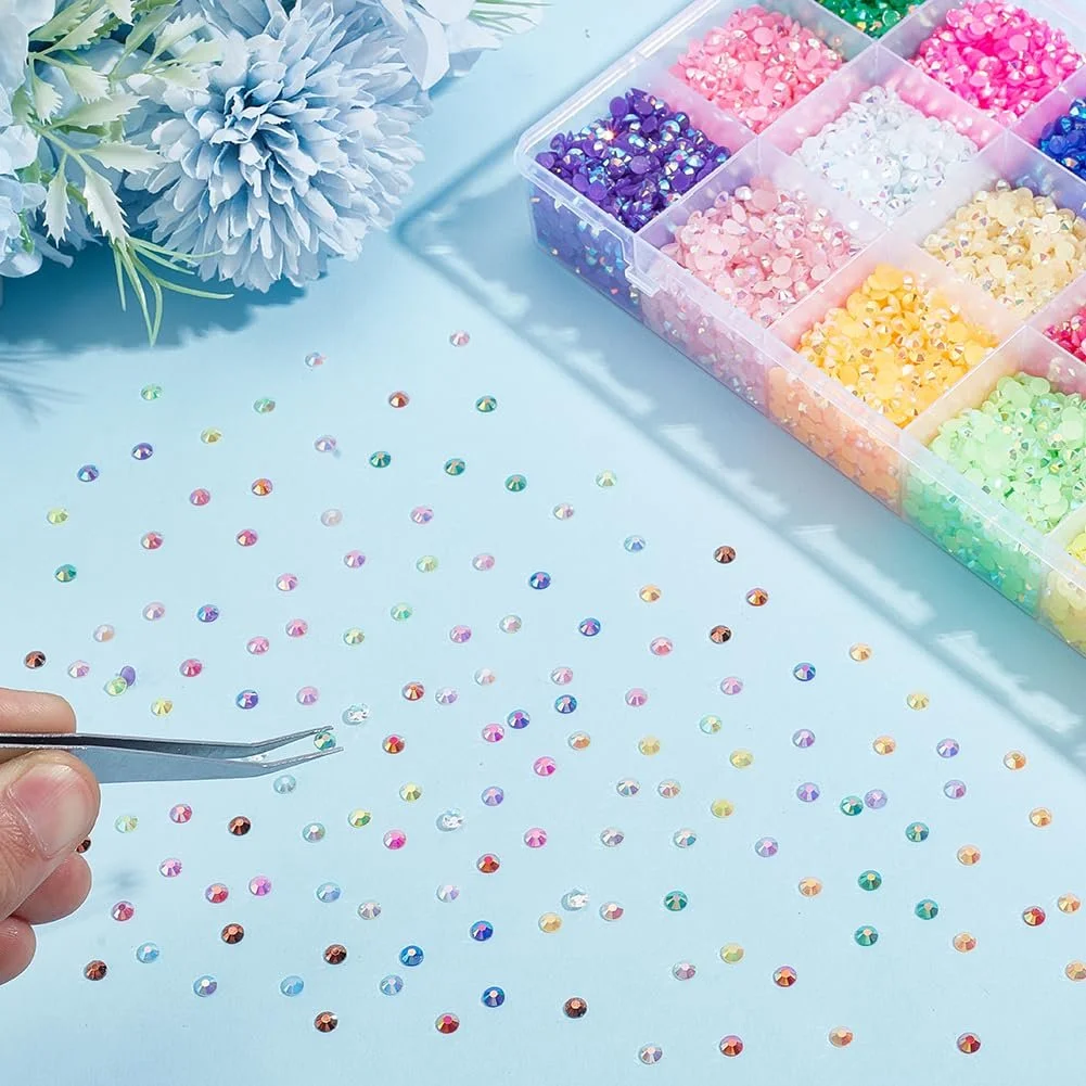 Стразы полукруглые Approx. 21600 штук, 18 цветов, 4 мм, смола, плоская задняя часть, граненые хрустальные стразы-кабошоны, фото №3