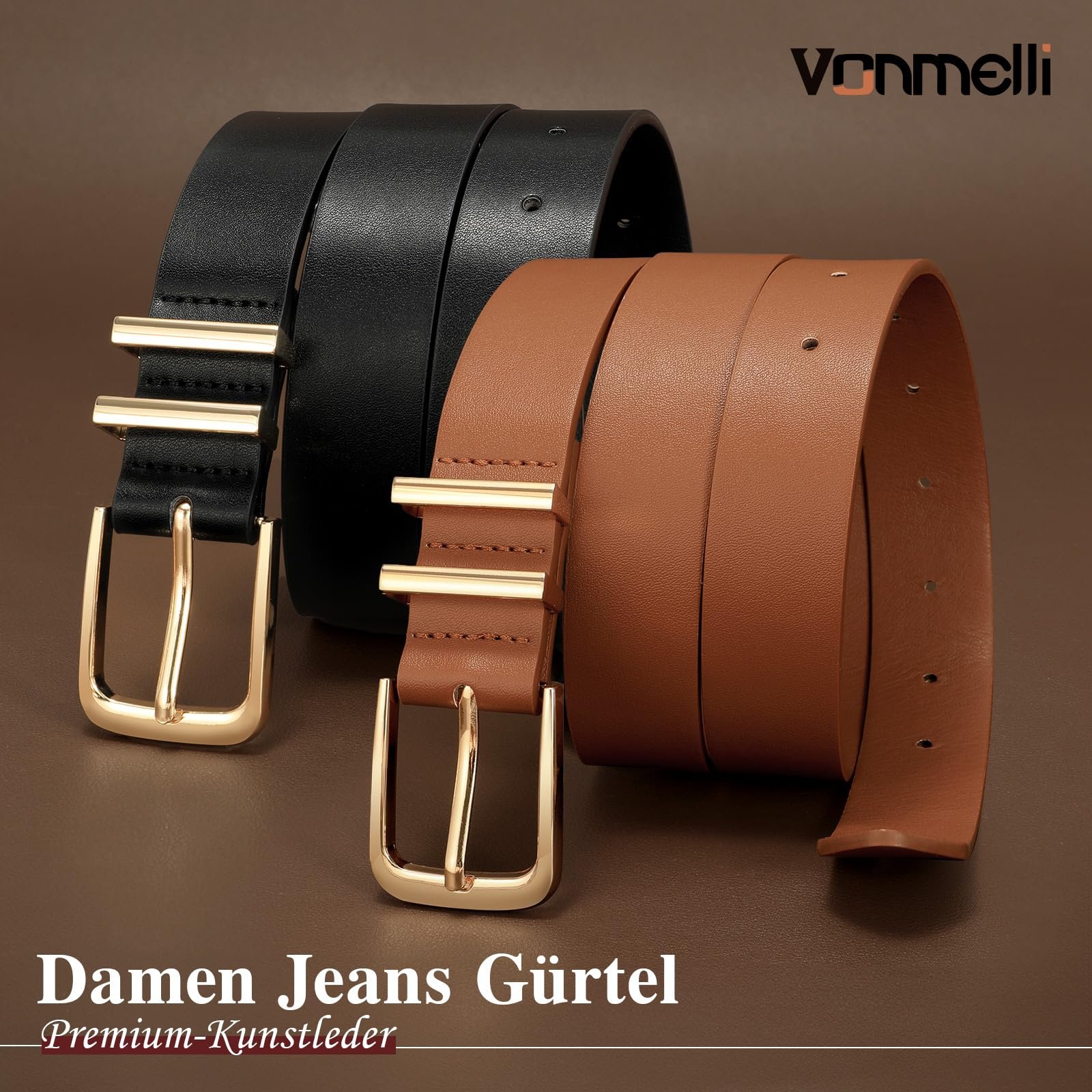 Женский кожаный ремень VONMELLI, 2 шт., для джинсов, брюк, платьев, модный женский пояс с золотой квадратной пряжкой, фото №3