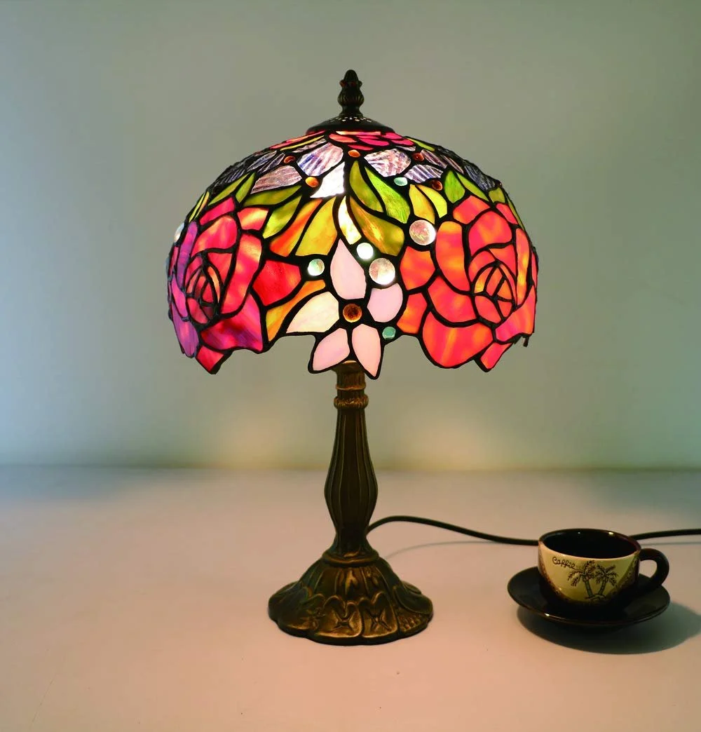 Настільна лампа Tiffany Style 10 дюймів Red Rose Flower Vintage Stained Glass, фото №5