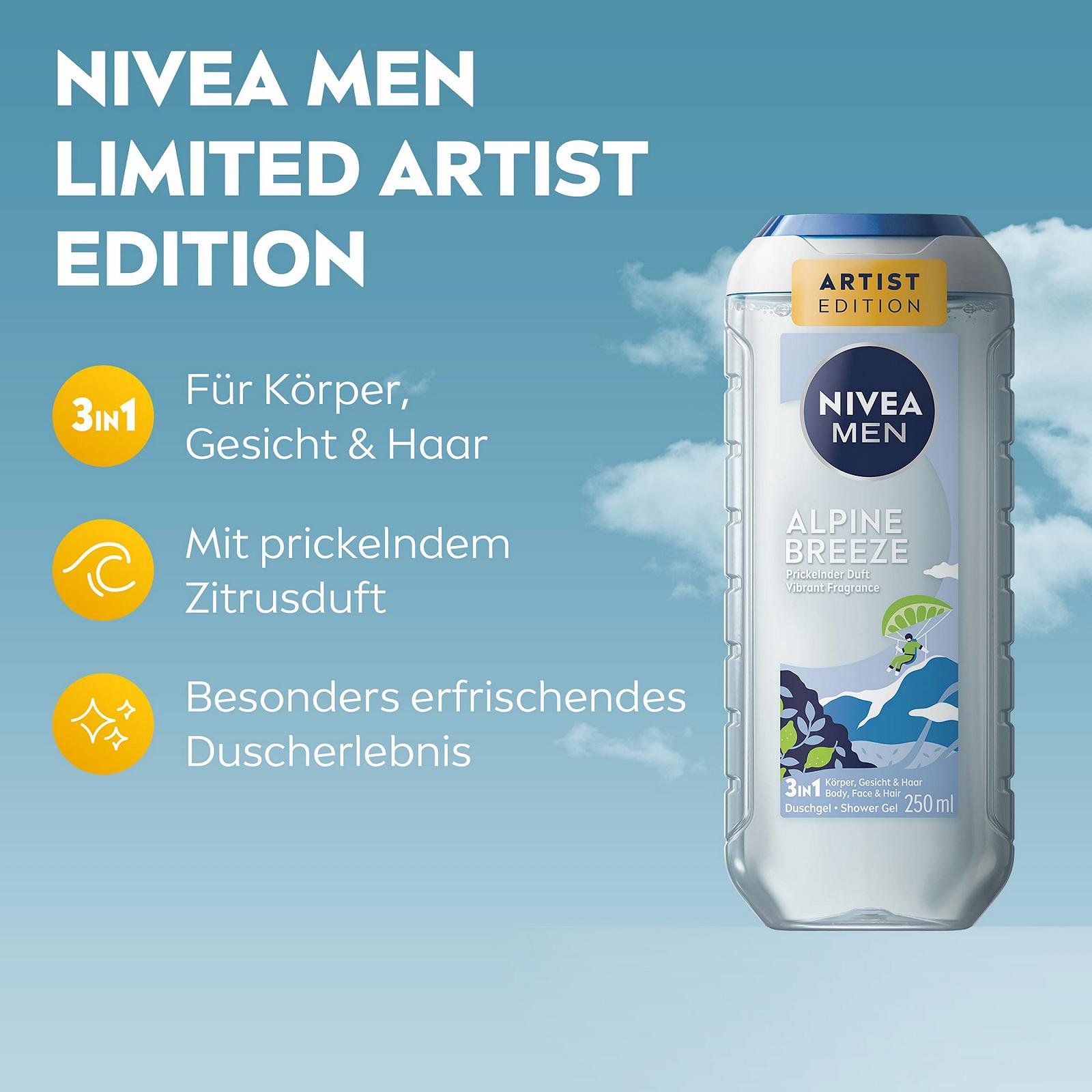 Гель для душу NIVEA MEN Artist Edition Alpine Breeze 3-в-1 для тіла, обличчя та волосся ревіталізувальний 250 мл, фото №2