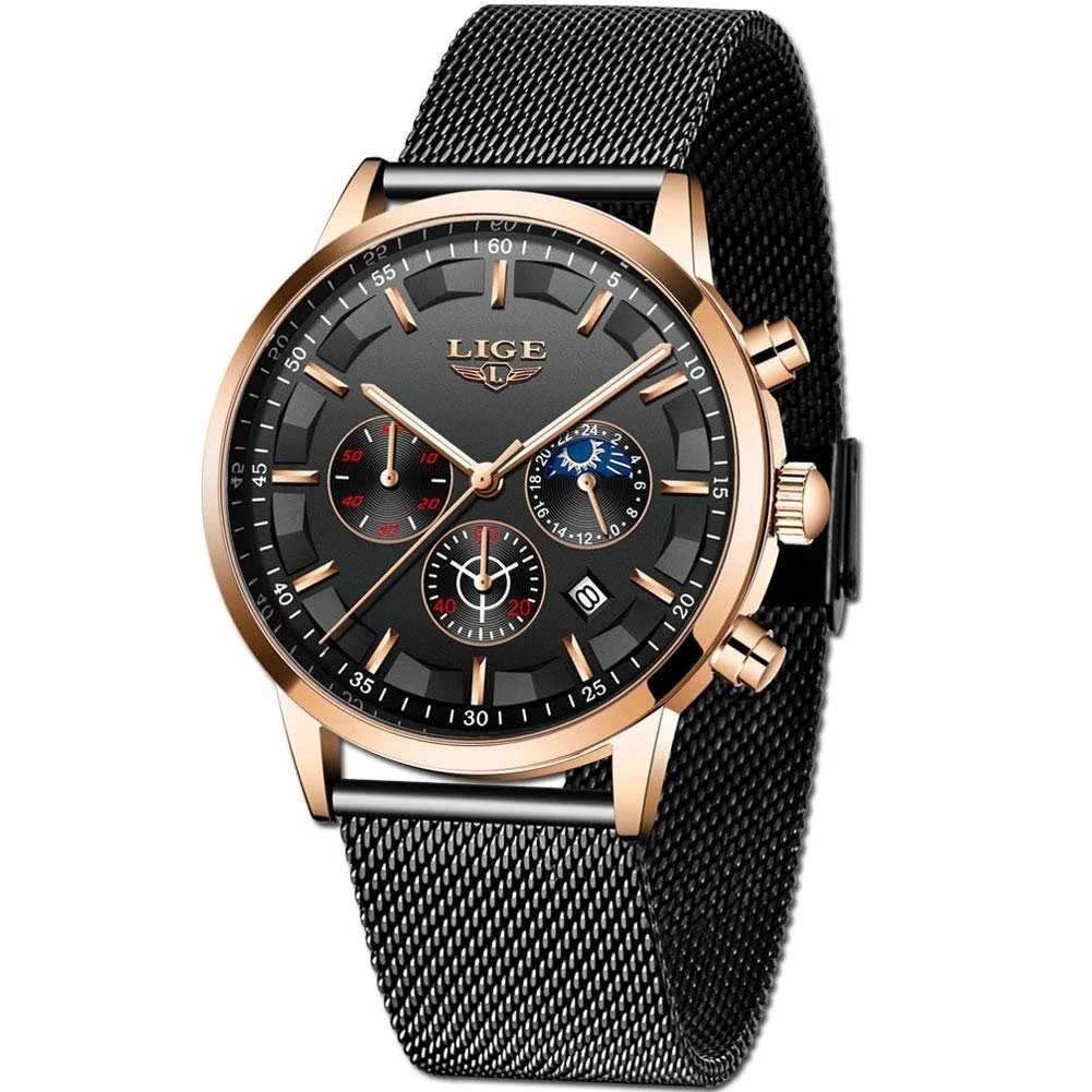 Часы LIGE Мужские Аналоговые Кварцевые Водонепроницаемые Черные Золотые, фото №1 Часы LIGE Мужские Аналоговые Кварцевые Водонепроницаемые Черные Золотые, фото №1