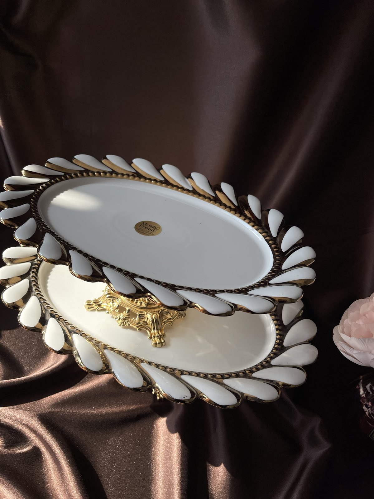 Блюдо овал з золотим декором на золотій ніжці Розкіш 42х28 см, фото №3