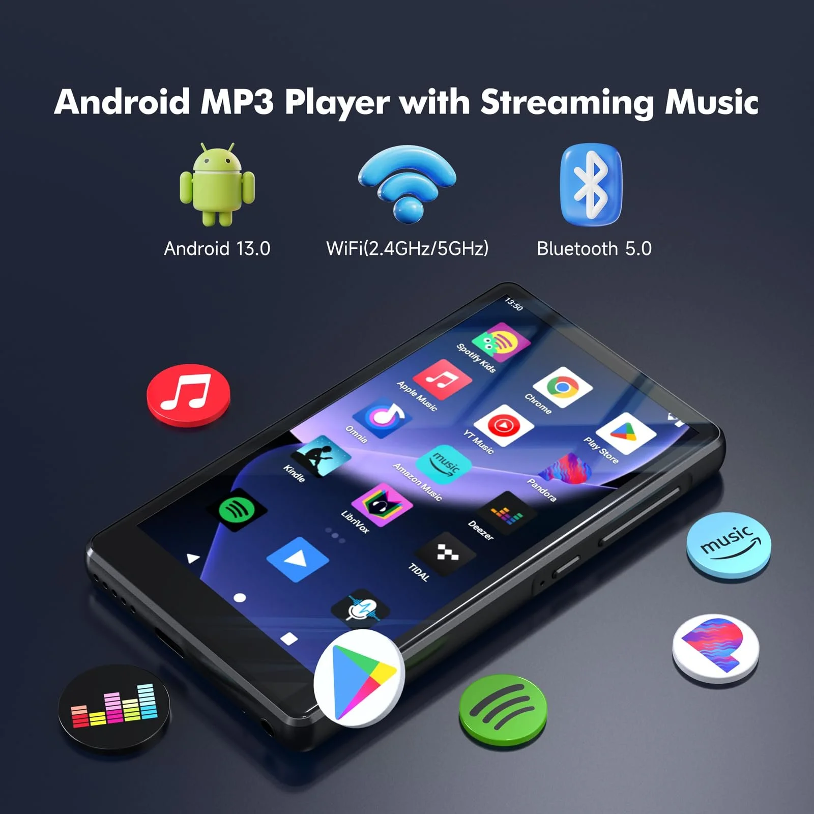 MP3-плеер Spotify с Bluetooth 83GB, 4.5-дюймовый сенсорный MP4-плеер WiFi, 2000 mAh Портативный стерео Hi-Fi с динамиком, Amazon Music, Android-плеер для потоковой передачи музыки для детей, FM-радио, фото №2