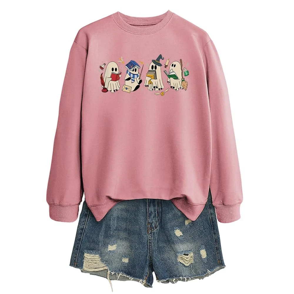 Хеллоуин Толстовка MLZHAN Женская Смешной 4-Призрак Книга Метла Свеча Графика Круглый вырез Длинный рукав Рубашка, фото №2