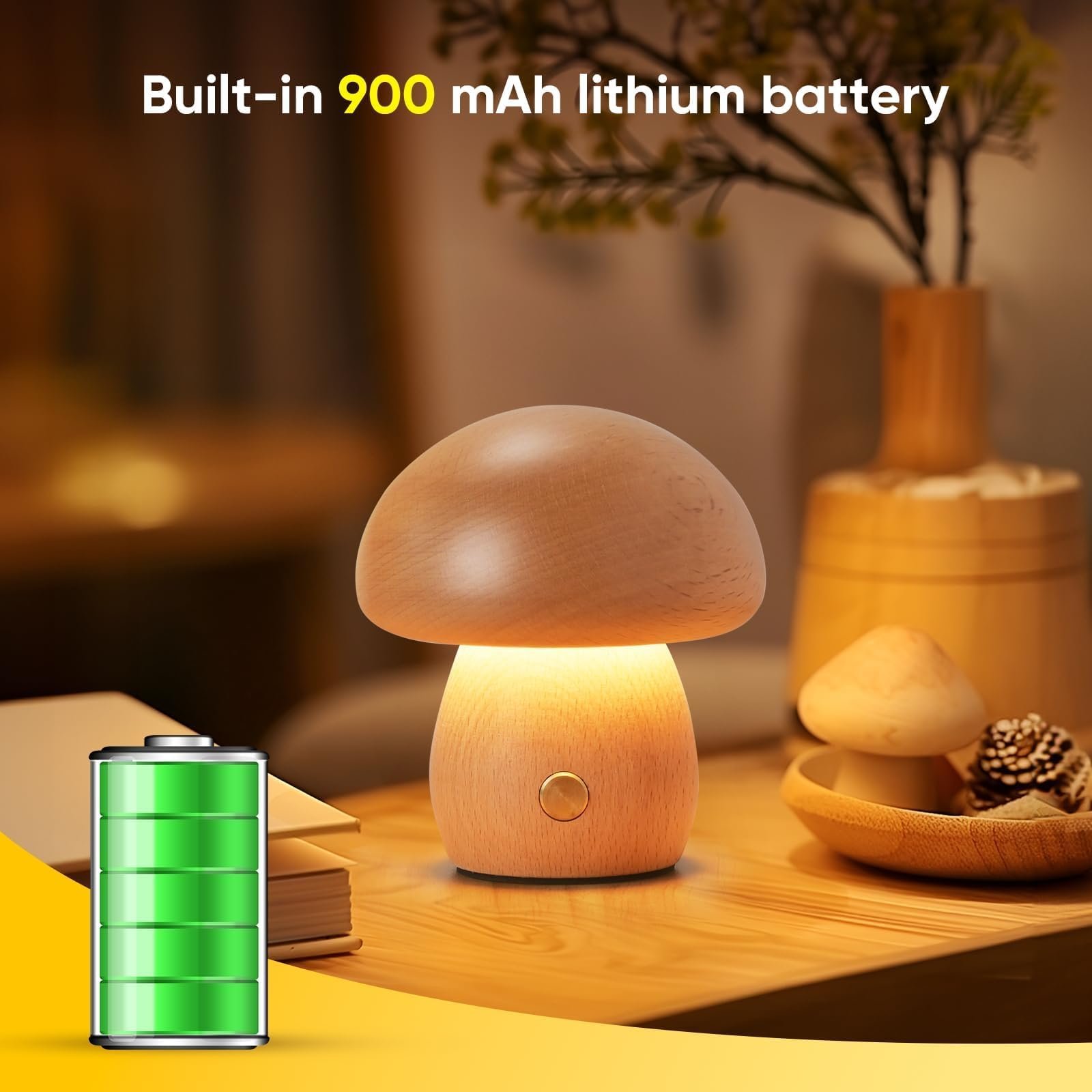 Настільна лампа LED Mushroom дерев'яна акумуляторна сенсорна димована 3 W, фото №6