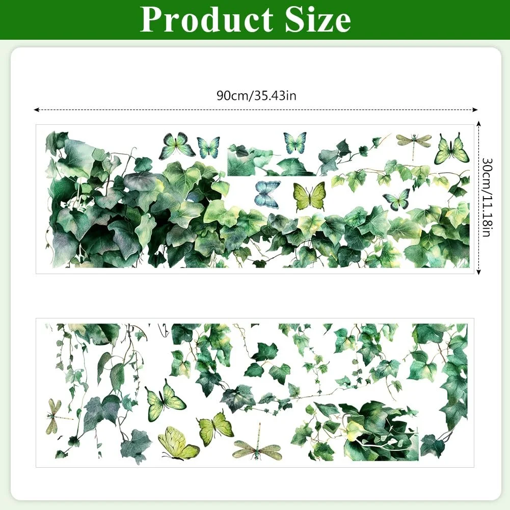 Наклейка на стіну Реалістичне листя плюща з метеликами та бабками Зелена ПВХ, фото №3