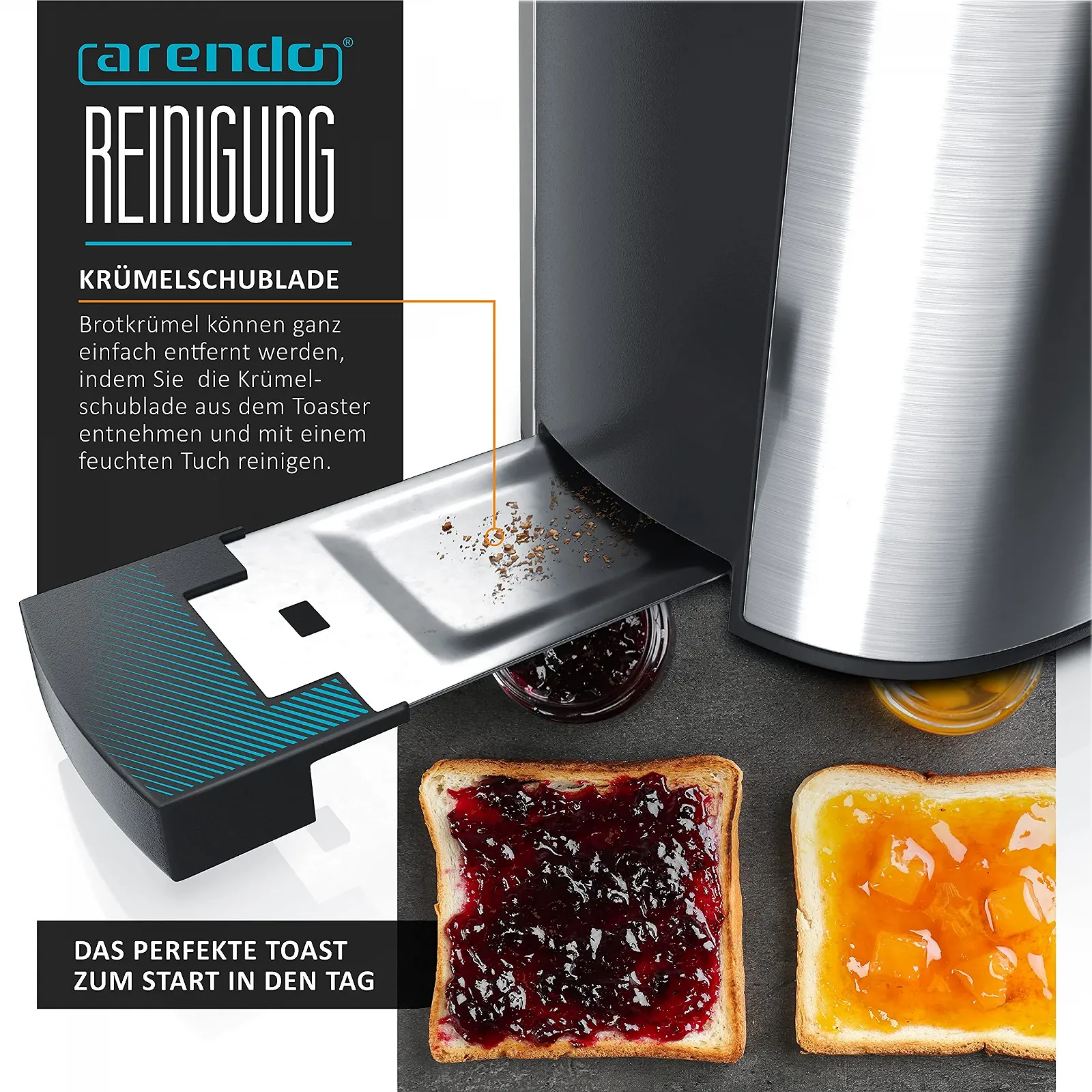 Тостер Arendo Frukost з довгим слотом, функцією розморожування, термоізольованим корпусом з подвійними стінками, автоматичним центруванням хліба, насадкою для булочок, висувним піддоном для крихт, сертифікований GS., фото №4