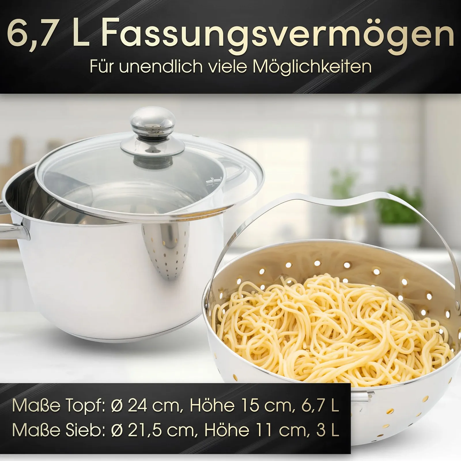 Кастрюля Beyond из нержавеющей стали со стеклянной крышкой и съемной вставкой-ситом, фото №7 Кастрюля Beyond из нержавеющей стали со стеклянной крышкой и съемной вставкой-ситом, фото №7