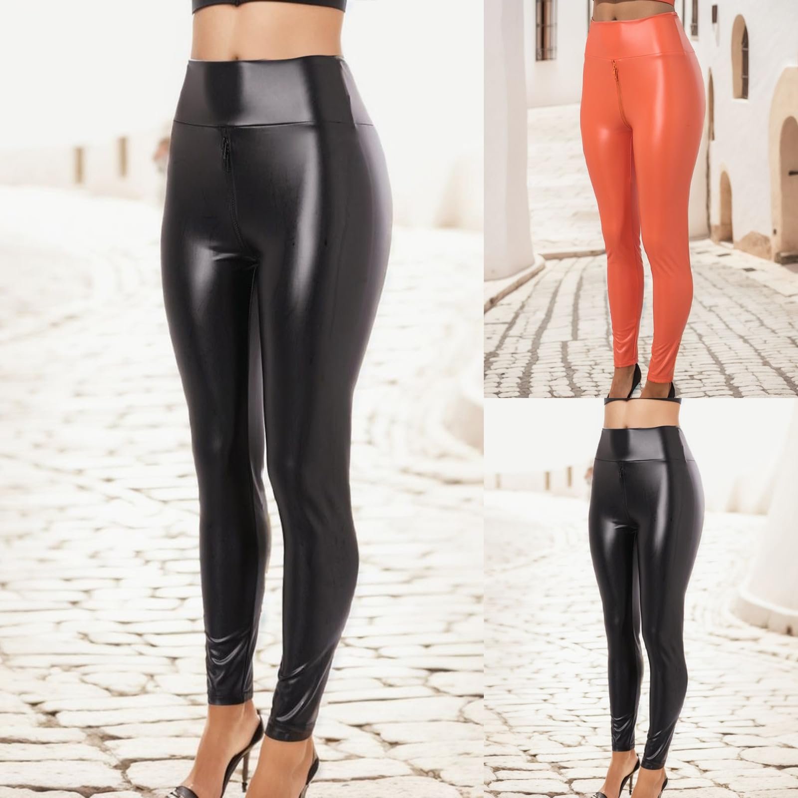 шкіряні KBOPLEMQ Жіночі Push Up, Легінси PU Treggins Skinny, Шкіряні PU, з блискавкою на промежині, Однотонні еластичні зі шкіряним виглядом, Штучна шкіра, Висока талія, фото №2