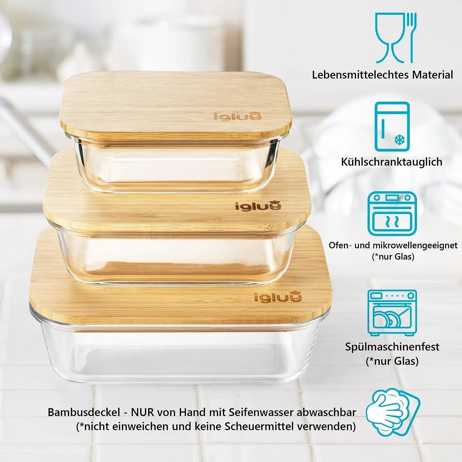 Набор стеклянных контейнеров Igluu Meal Prep 370, 640 и 1050 мл с бамбуковыми крышками, 3 шт. из боросиликатного стекла, фото №3 Набор стеклянных контейнеров Igluu Meal Prep 370, 640 и 1050 мл с бамбуковыми крышками, 3 шт. из боросиликатного стекла, фото №3