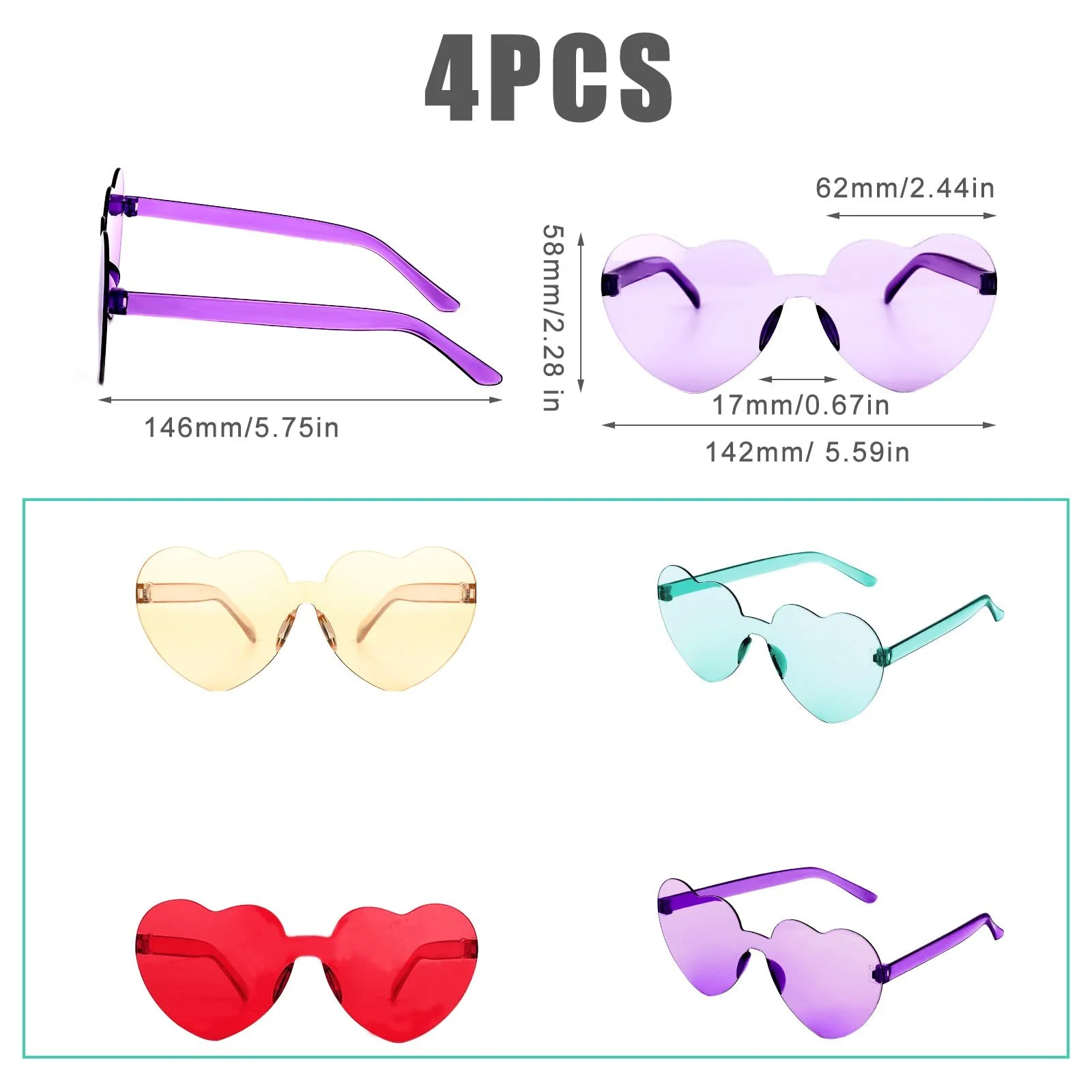 Набір окулярів у формі серця KINBOM, 4 шт., прозорі, кольору цукерок, без оправи, сонцезахисні, фото №2