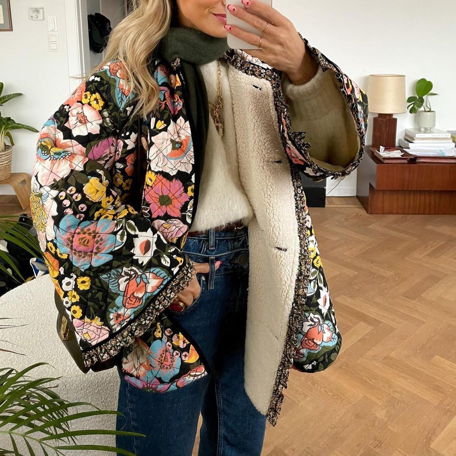 Легка жіноча куртка-пуховик з квітковим принтом на ґудзиках, з довгими рукавами, утеплена, тепла зимова, фото №2 Легка жіноча куртка-пуховик з квітковим принтом на ґудзиках, з довгими рукавами, утеплена, тепла зимова, фото №2