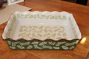 Форма для запекания керамическая большая 26 x 34 см ручная роспись зеленая/бежевая - Фото 1