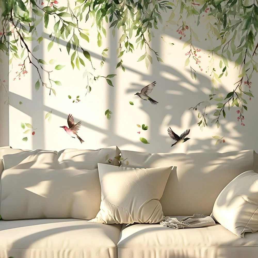 Наклейка на стену Зеленые ветки с птицами и листьями 57 x 38 см Природный дизайн Зеленый, фото №2