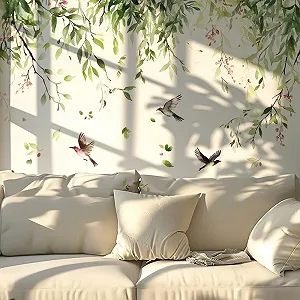 Наклейка на стіну Зелені гілки з птахами і листям 57 x 38 см Природний дизайн Зелений synthetic.ua - Фото 1