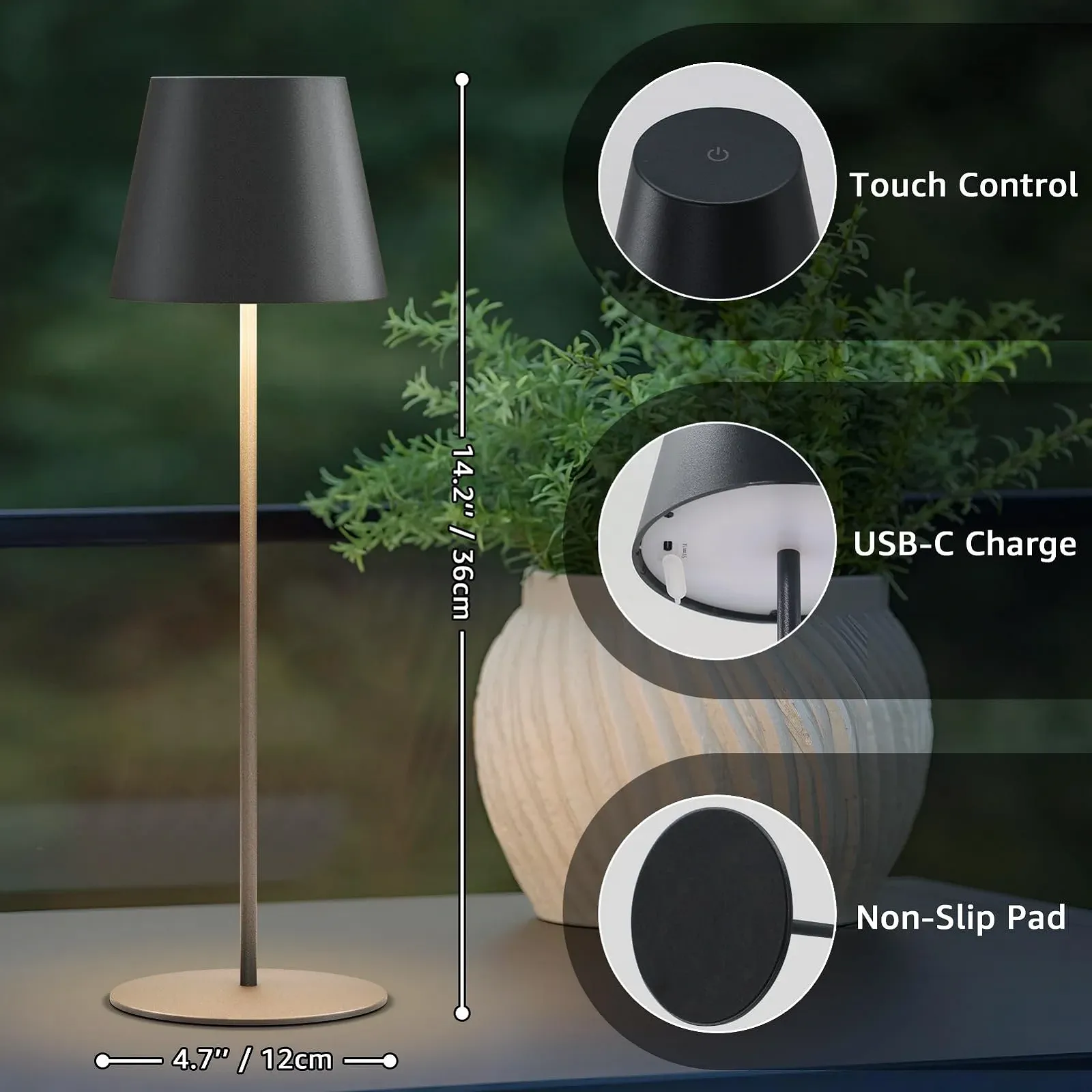 Набір з 2 LED настільних ламп акумуляторних USB-C сенсорних з регулюванням яскравості вуличних водонепроникних Black, фото №4