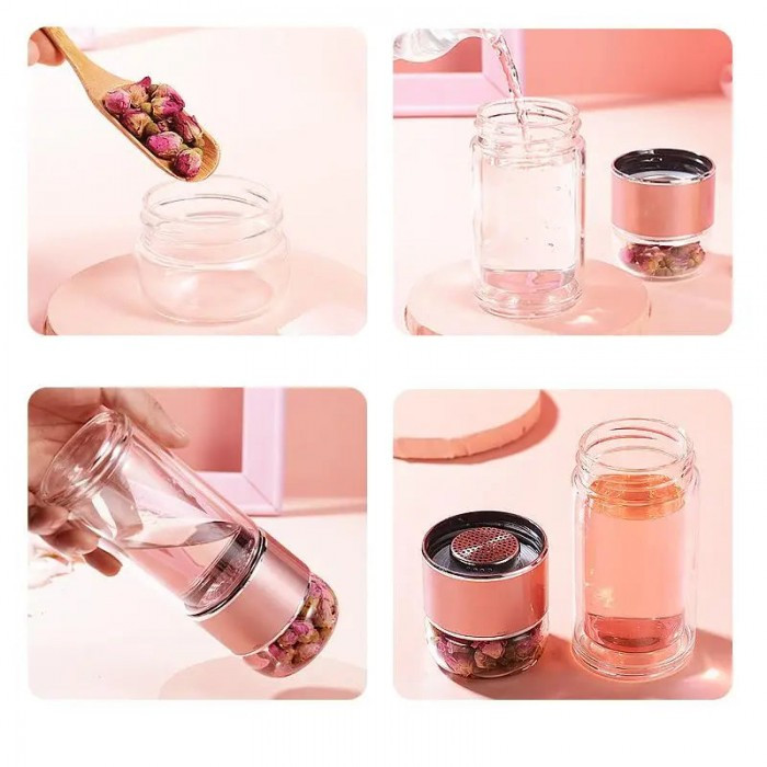 Стеклянный термос с двойными стенками для чая Infuser 280 мл розовый, фото №10