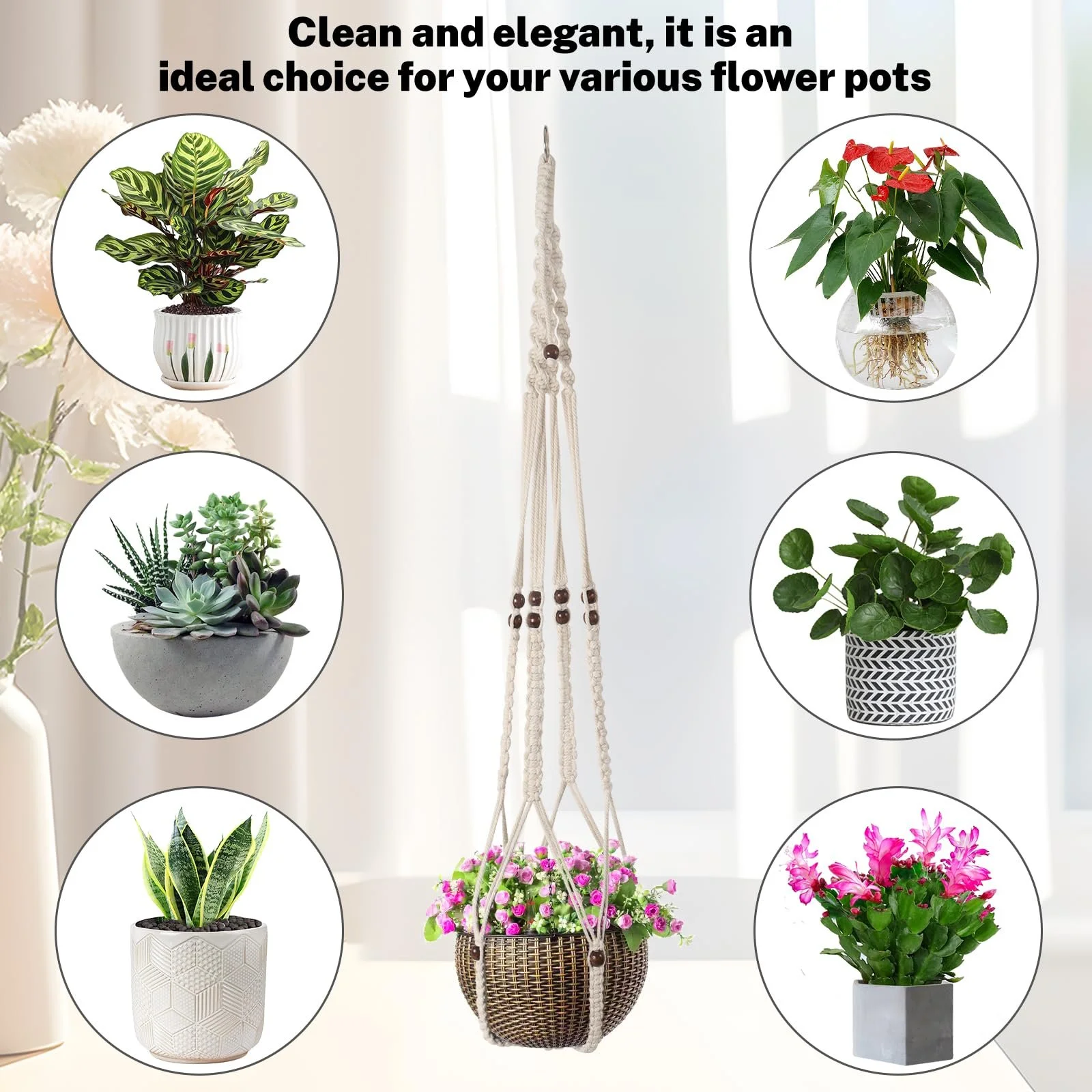 Подвесное кашпо макраме Набор 4 шт. Хлопковое ручной работы Бежевый, фото №4