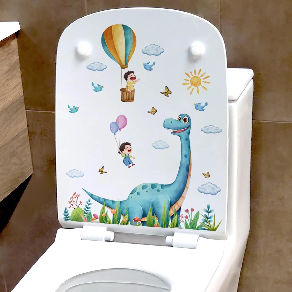 Наклейка на кришку унітазу Dinosaur/Kids Hot Air Balloon мультяшна знімна 25x30 см, фото №5