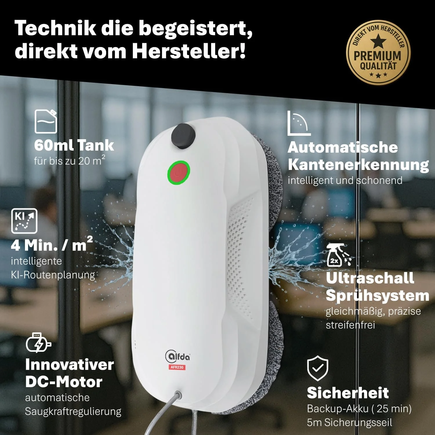 Робот для миття вікон alfda AFR230 з функцією подвійного розпилення, інтелектуальною навігацією та дистанційним керуванням, для внутрішніх і зовнішніх вікон, резервуар 60 мл, сумка для зберігання, 8 серветок, фото №3 Робот для миття вікон alfda AFR230 з функцією подвійного розпилення, інтелектуальною навігацією та дистанційним керуванням, для внутрішніх і зовнішніх вікон, резервуар 60 мл, сумка для зберігання, 8 серветок, фото №3