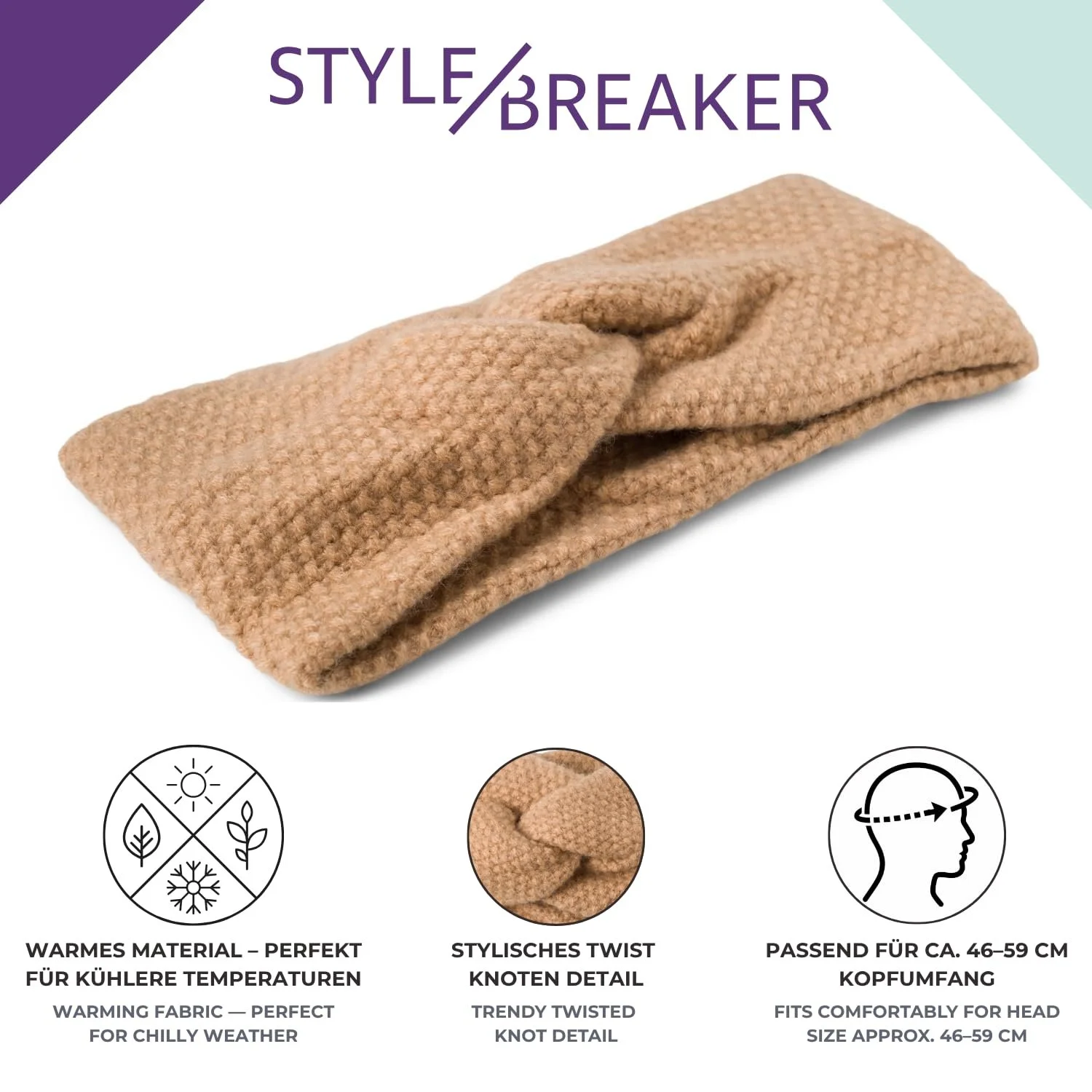 В'язана пов'язка на голову styleBREAKER 04026064 з візерунком в'язки «Рисове зерно», фото №3