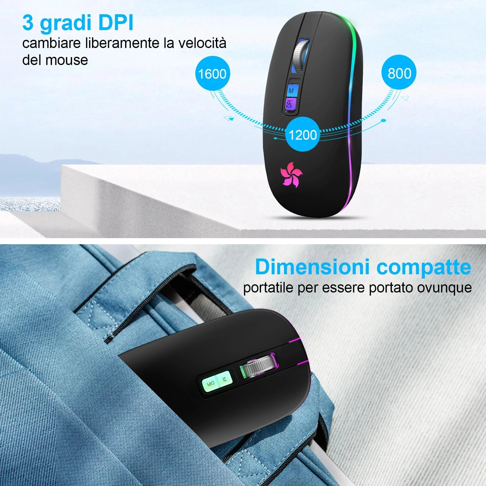 Мышь HOTLIFE Беспроводная для ноутбука, 3 DPI, RGB, Черный, фото №7