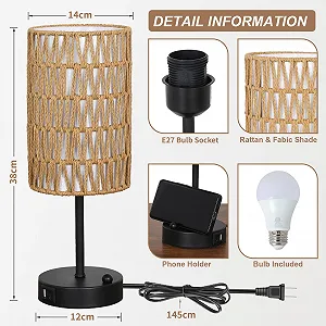 Настільна лампа Сенсорна Диммована USB A+C Ротанговий та лляний абажур Чорна synthetic.ua - Фото 1