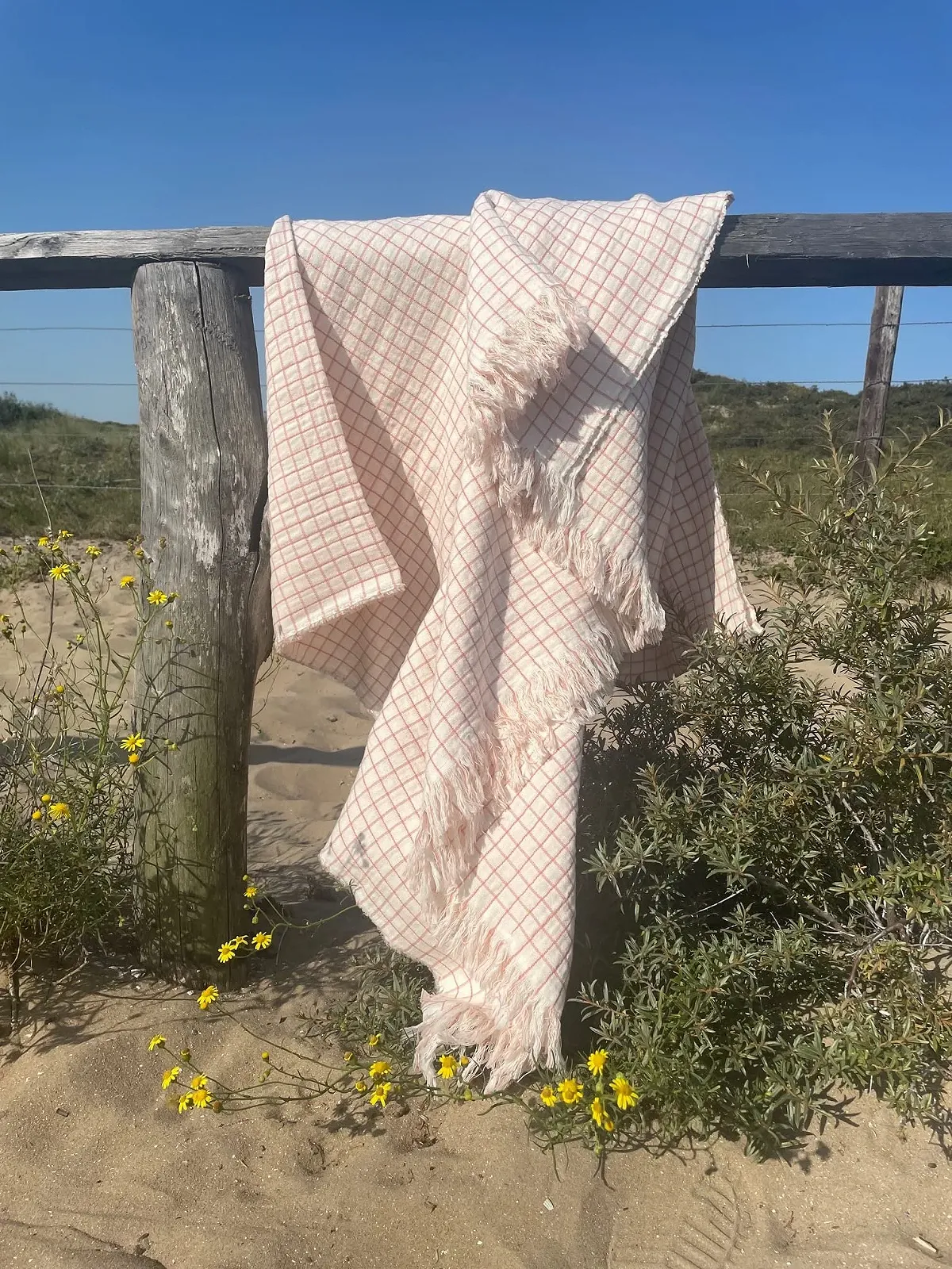 Покривало JOWOLLINA Двостороння клітка Льон Stonewashed (Брудний білий/Рожевий, 148 x 210 см), фото №5