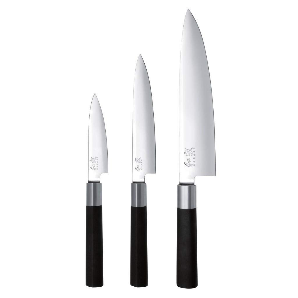 Набір ножів KAI Wasabi Black: ніж шеф-кухаря, універсальний ніж, ніж для чищення овочів + обробна дошка 25 x 15 см, фото №2