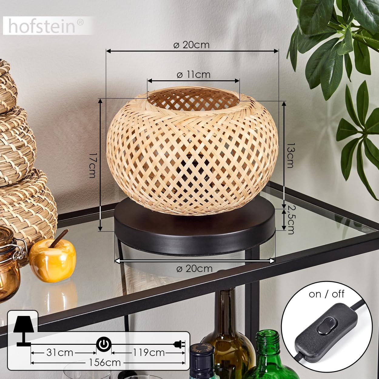 Настільна лампа Bauro Modern Boho Метал/Бамбук Ø 20 см Решітчастий дизайн Перемикач на кабелі 1 x E27 Без лампи Чорний/Натуральний, фото №5