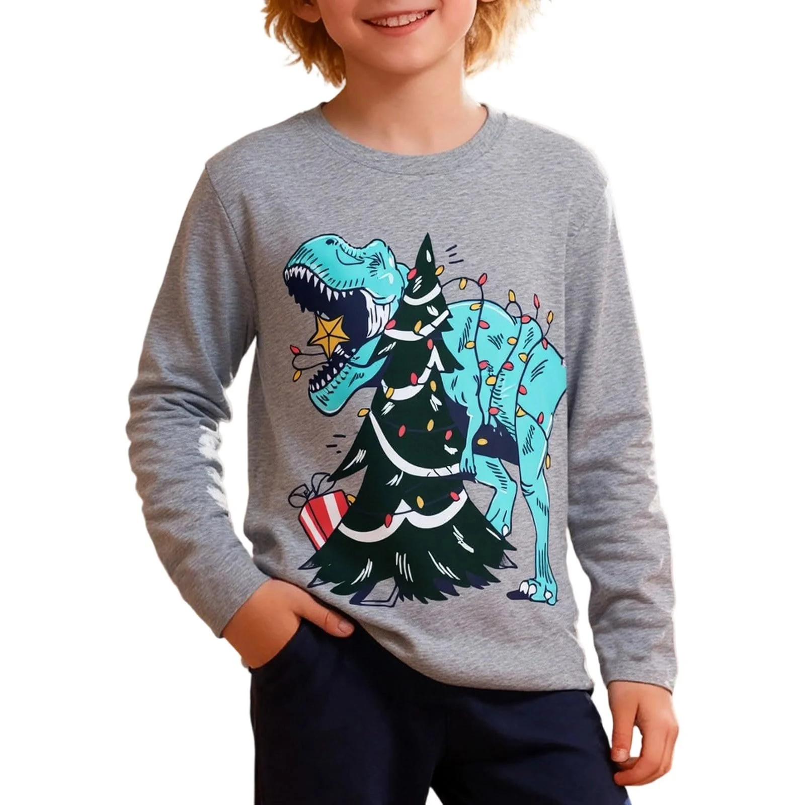 Джемпер Generisch для девочек, детский свитшот, повседневный рождественский джемпер, рубашка с длинными рукавами и принтом динозавра для мальчиков, повседневный топ с графическим рисунком для малышей, удобный для повседневной носки, фото №1
