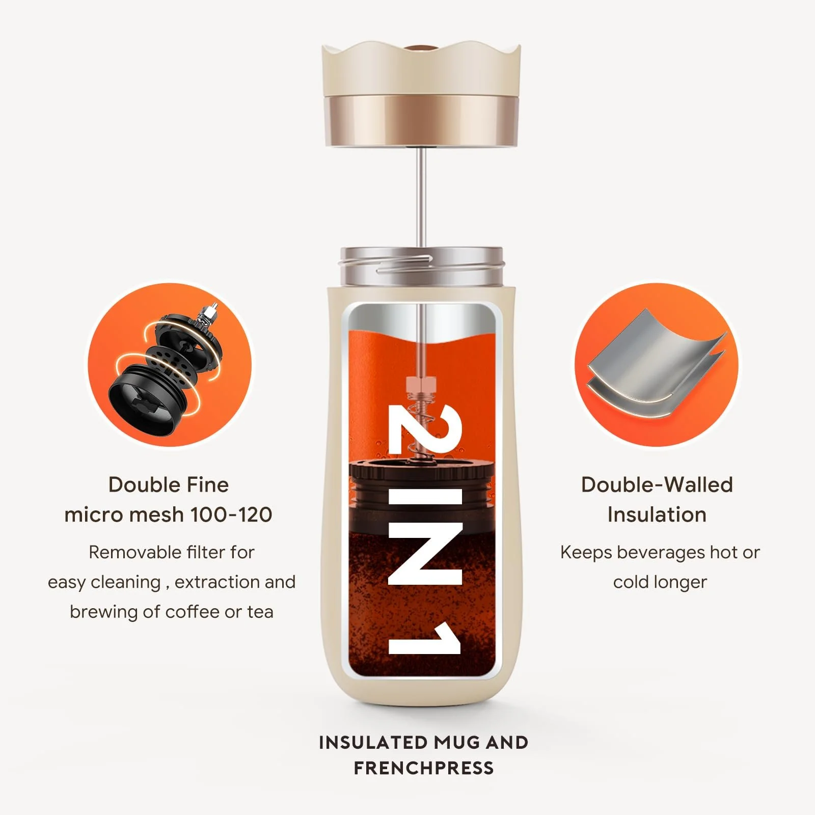 Дорожная кофеварка френч-пресс 355 мл Нержавеющая сталь, фото №3