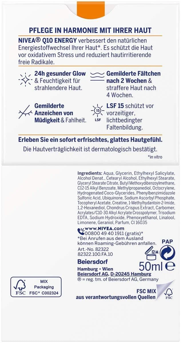 Денний крем для обличчя NIVEA Q10 Anti-Wrinkle Energy з вітаміном C та екстрактом гуарани SPF 15 50 мл, фото №2 Денний крем для обличчя NIVEA Q10 Anti-Wrinkle Energy з вітаміном C та екстрактом гуарани SPF 15 50 мл, фото №2