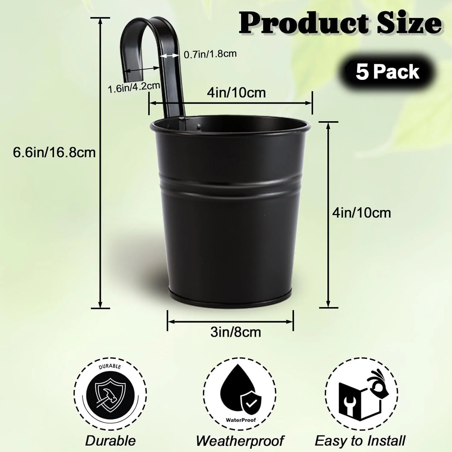 Підвісні квіткові горщики Набір із 5 штук Метал 10 см Чорний, фото №1